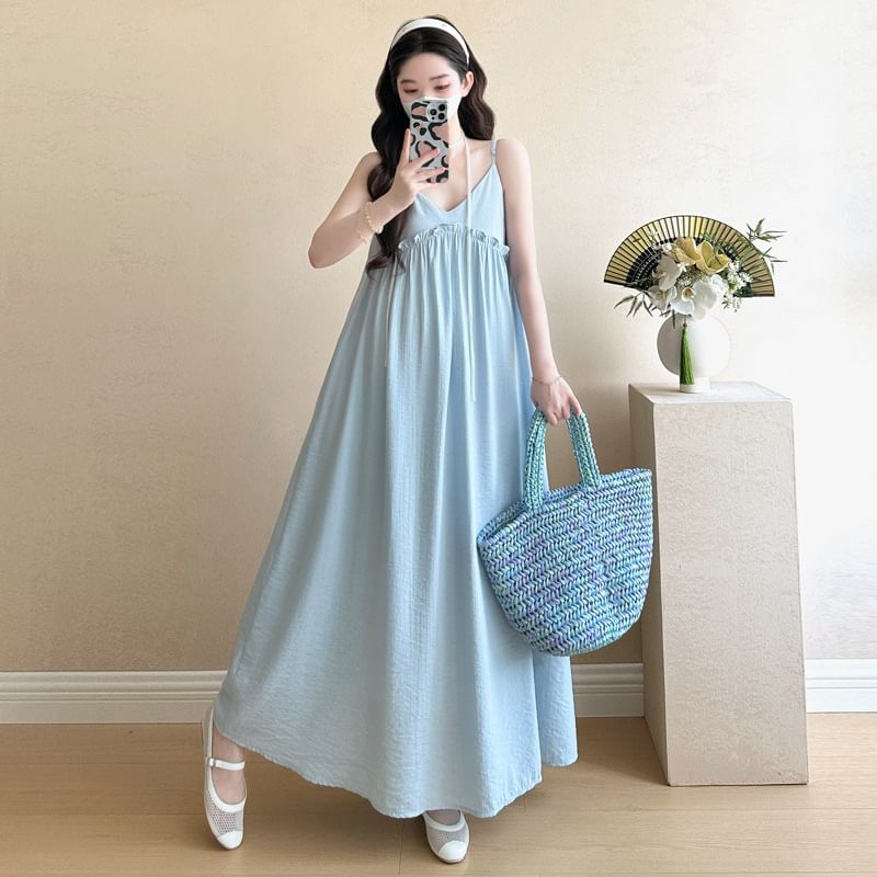 Spaghetti Strap Plain Ruffled Midi A-Line Dress / Shrug / Maternity Set