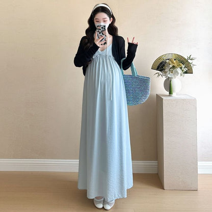 Spaghetti Strap Plain Ruffled Midi A-Line Dress / Shrug / Maternity Set