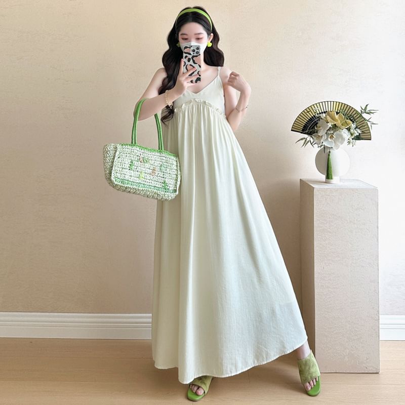 Spaghetti Strap Plain Ruffled Midi A-Line Dress / Shrug / Maternity Set