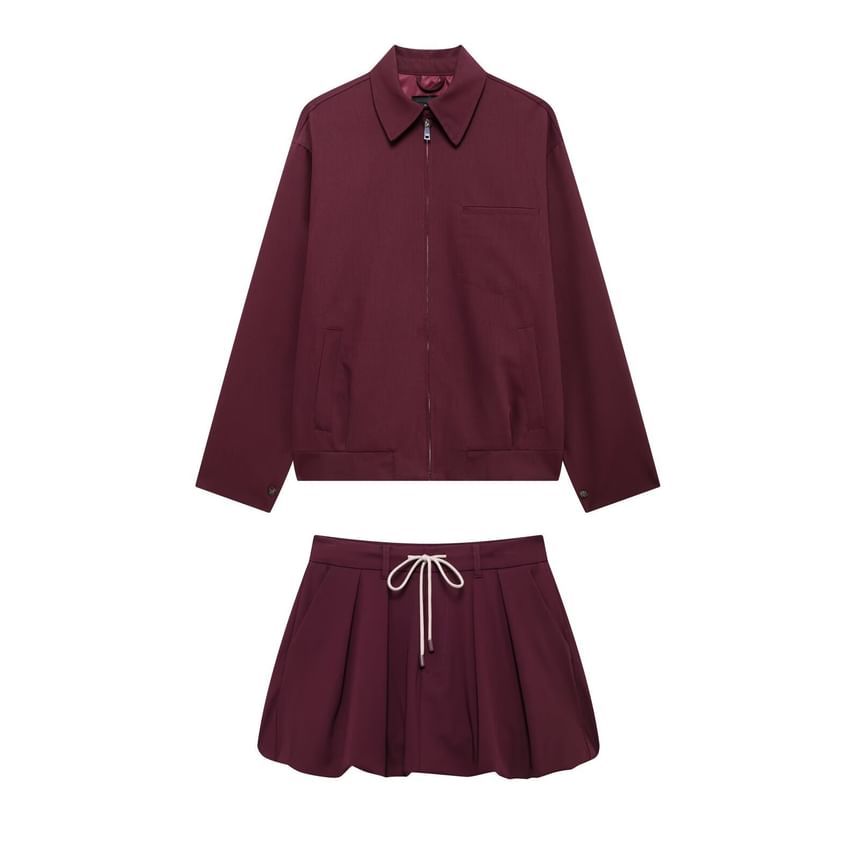 Long Sleeve Plain Loose Fit Zip Up Jacket Drawstring Waist Bubble Hem Mini Skirt Set