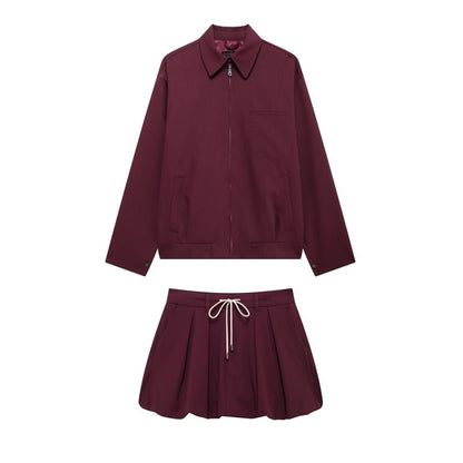 Long Sleeve Plain Loose Fit Zip Up Jacket Drawstring Waist Bubble Hem Mini Skirt Set