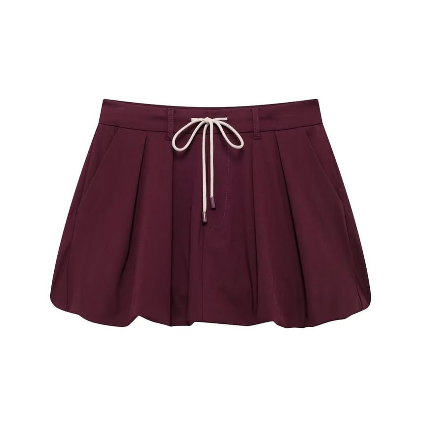 Long Sleeve Plain Loose Fit Zip Up Jacket Drawstring Waist Bubble Hem Mini Skirt Set
