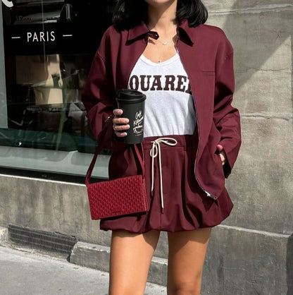 Long Sleeve Plain Loose Fit Zip Up Jacket Drawstring Waist Bubble Hem Mini Skirt Set