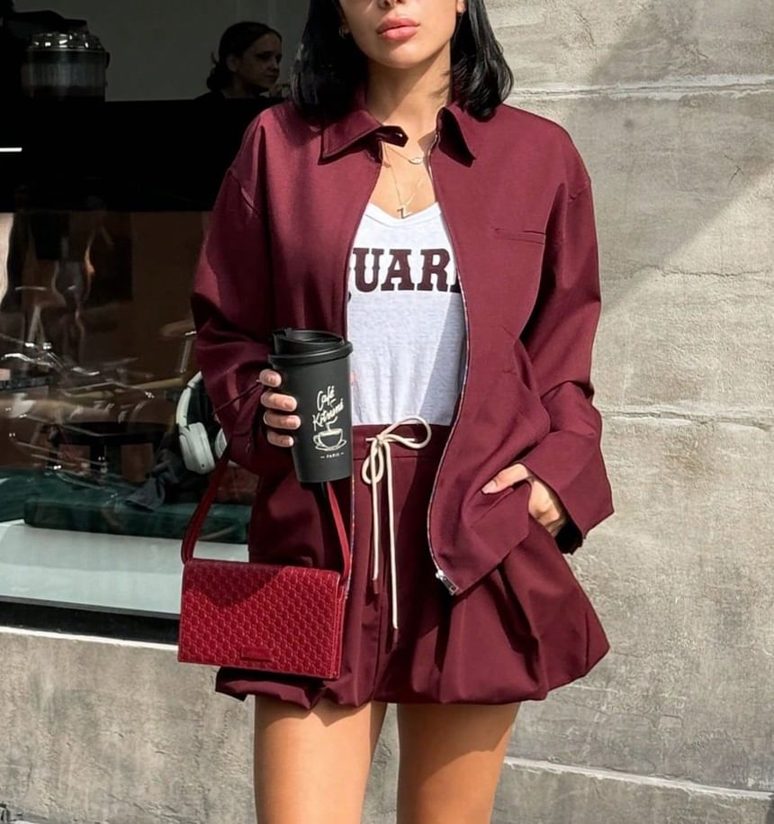 Long Sleeve Plain Loose Fit Zip Up Jacket Drawstring Waist Bubble Hem Mini Skirt Set