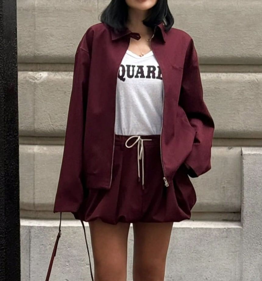 Long Sleeve Plain Loose Fit Zip Up Jacket Drawstring Waist Bubble Hem Mini Skirt Set