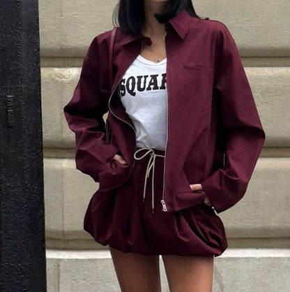 Long Sleeve Plain Loose Fit Zip Up Jacket Drawstring Waist Bubble Hem Mini Skirt Set