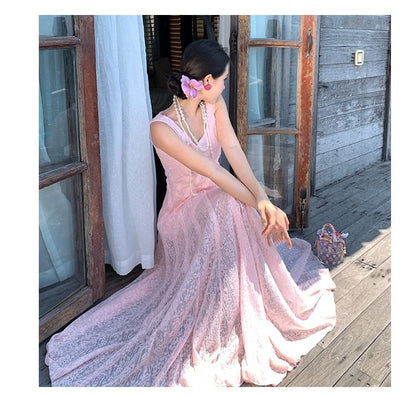 Lace Panel Maxi Sleeveless Dress Neck Plain Scoop A-Line