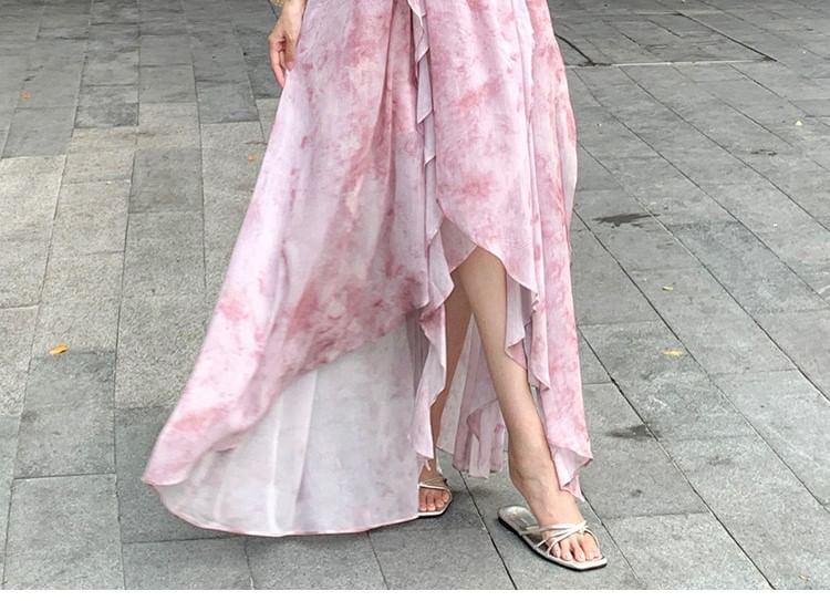 Spaghetti Strap Tie Dye Asymmetrical Midi A-Line Dress