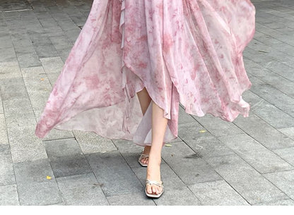 Spaghetti Strap Tie Dye Asymmetrical Midi A-Line Dress