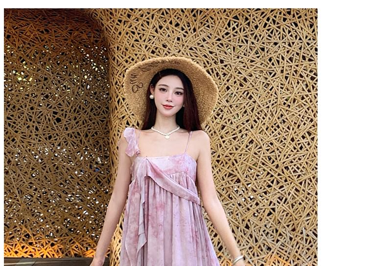 Spaghetti Strap Tie Dye Asymmetrical Midi A-Line Dress