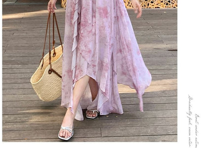 Spaghetti Strap Tie Dye Asymmetrical Midi A-Line Dress