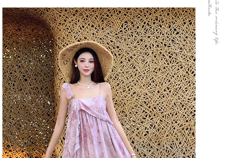 Spaghetti Strap Tie Dye Asymmetrical Midi A-Line Dress