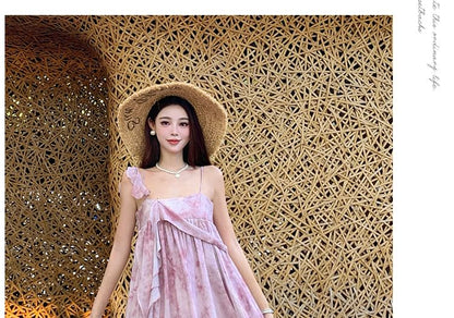 Spaghetti Strap Tie Dye Asymmetrical Midi A-Line Dress