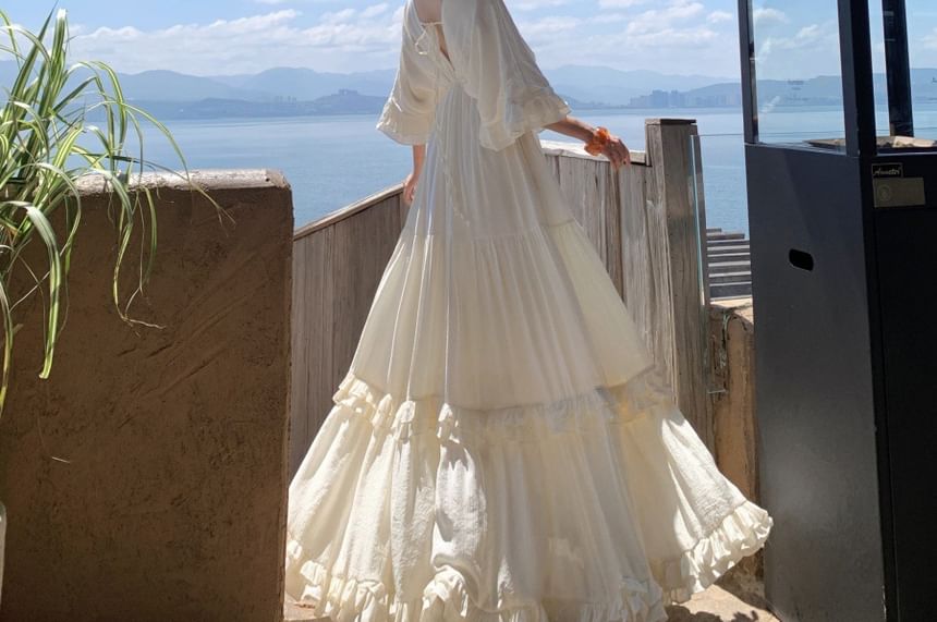Maxi Elbow Sleeve Dress Plain Ruffle A-Line Tiered V-Neck