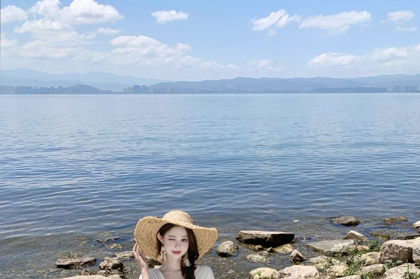 Maxi Elbow Sleeve Dress Plain Ruffle A-Line Tiered V-Neck