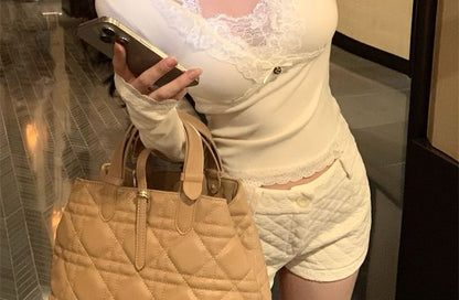 V-Neck Lace Trim Top with Long Sleeves