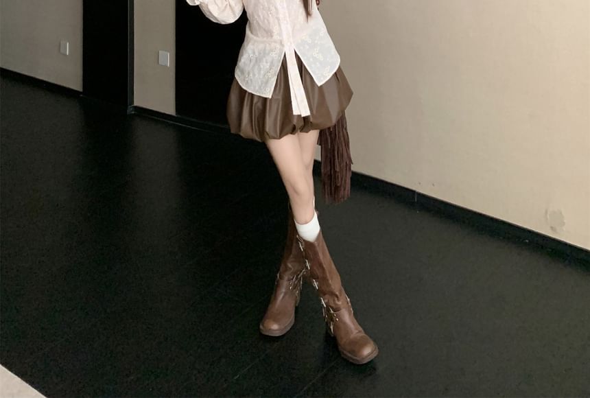Faux Leather Mini Skirt with Long-Sleeve Lace Shirt