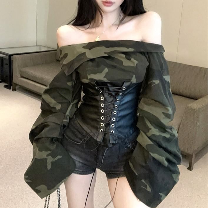 Off-Shoulder Camo Print Faux Leather Lace-Up Crop Top