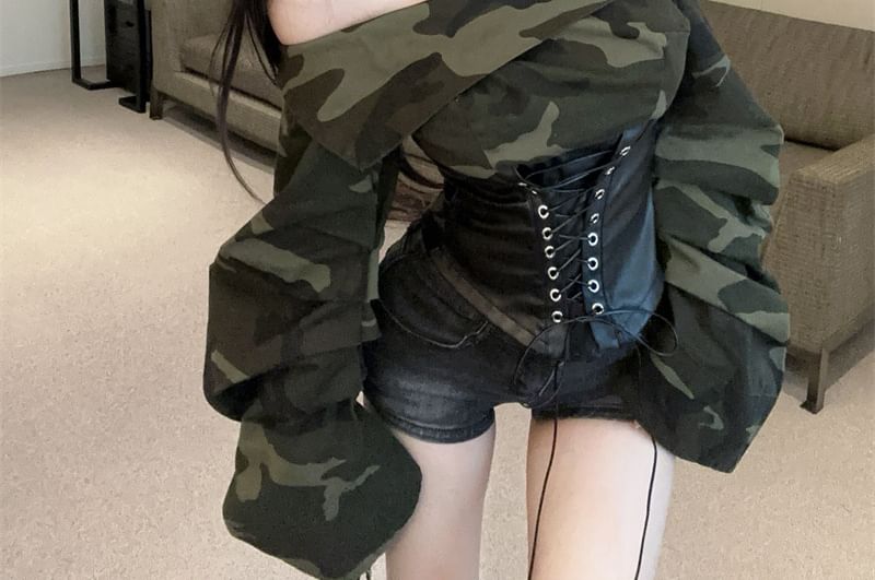 Off-Shoulder Camo Print Faux Leather Lace-Up Crop Top