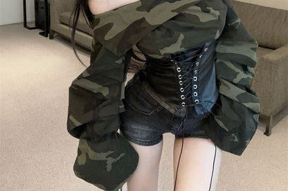 Off-Shoulder Camo Print Faux Leather Lace-Up Crop Top