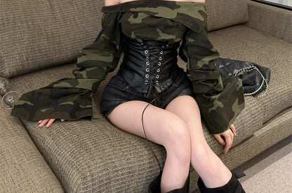 Off-Shoulder Camo Print Faux Leather Lace-Up Crop Top