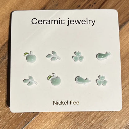 Ceramic Whale Stud Earring Pairs: Apple Leaf Clover 4 /