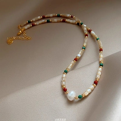 Gemstone Pearl Bead Faux Alloy Necklace