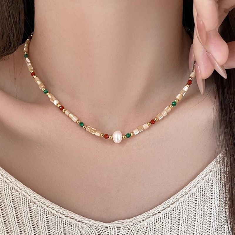 Gemstone Pearl Bead Faux Alloy Necklace