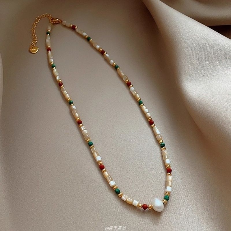 Gemstone Pearl Bead Faux Alloy Necklace