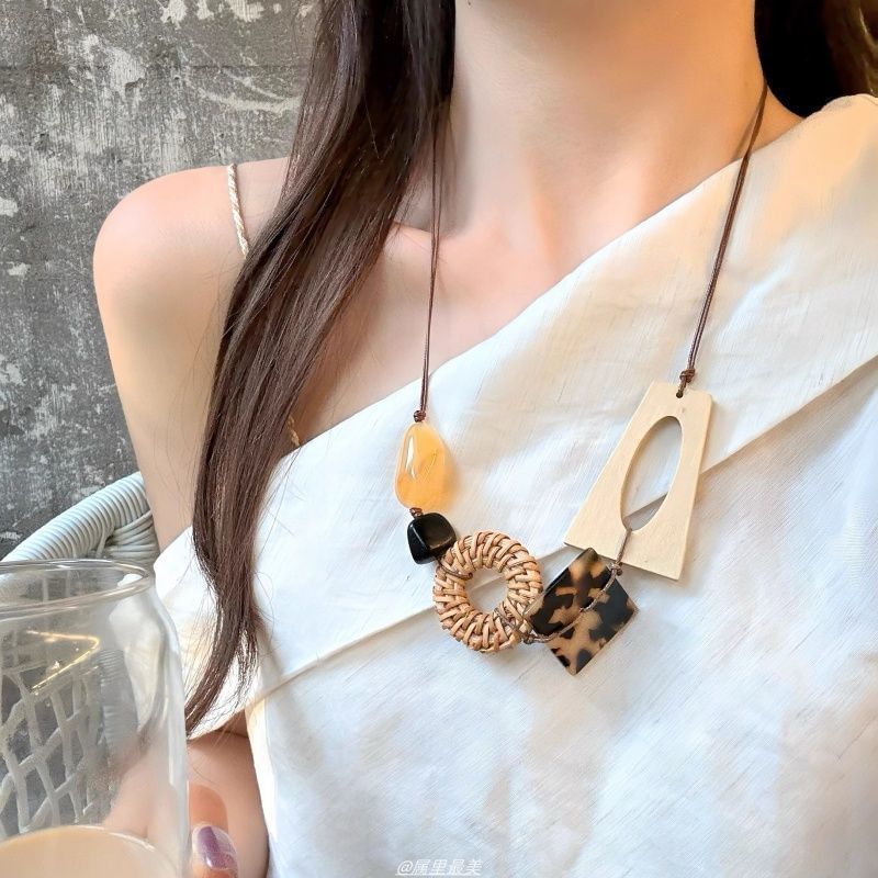 Acetate Cord Necklace Geometric Rattan