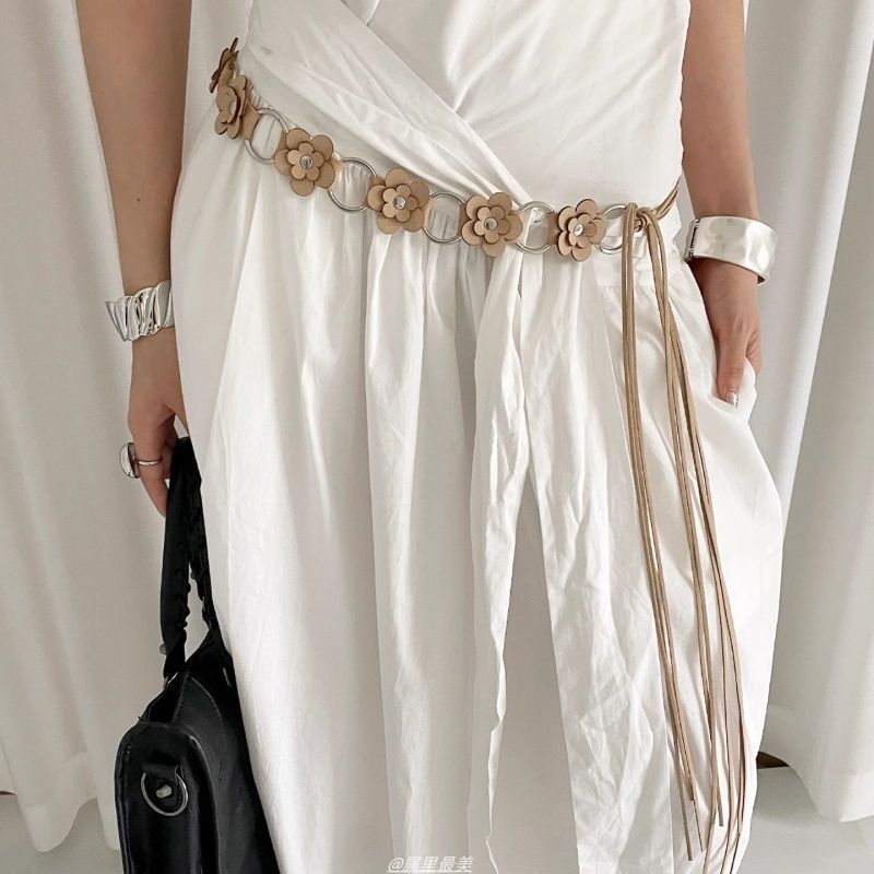 Faux Waist Chain Alloy Leather Floral