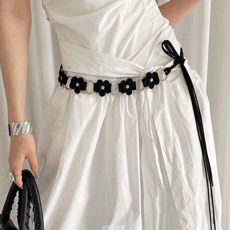 Faux Waist Chain Alloy Leather Floral