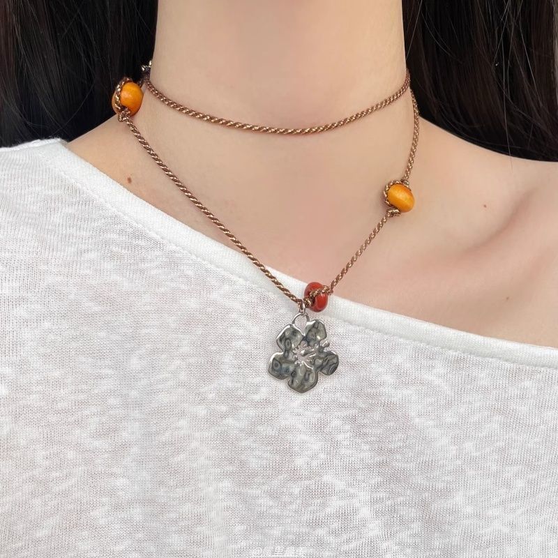 Floral Necklace Faux Pendant Gemstone Cord