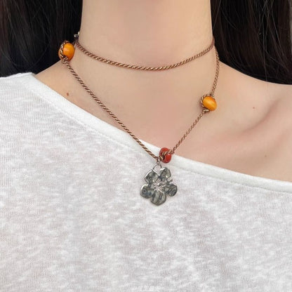 Floral Necklace Faux Pendant Gemstone Cord