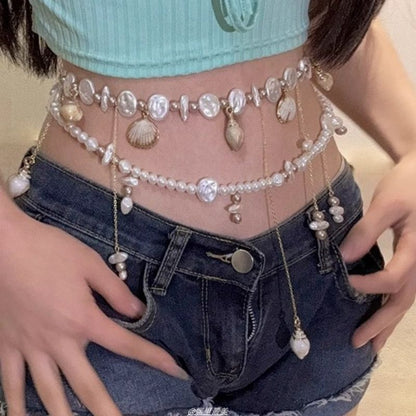 Pearl Shell Waist Faux Alloy Chain Disc
