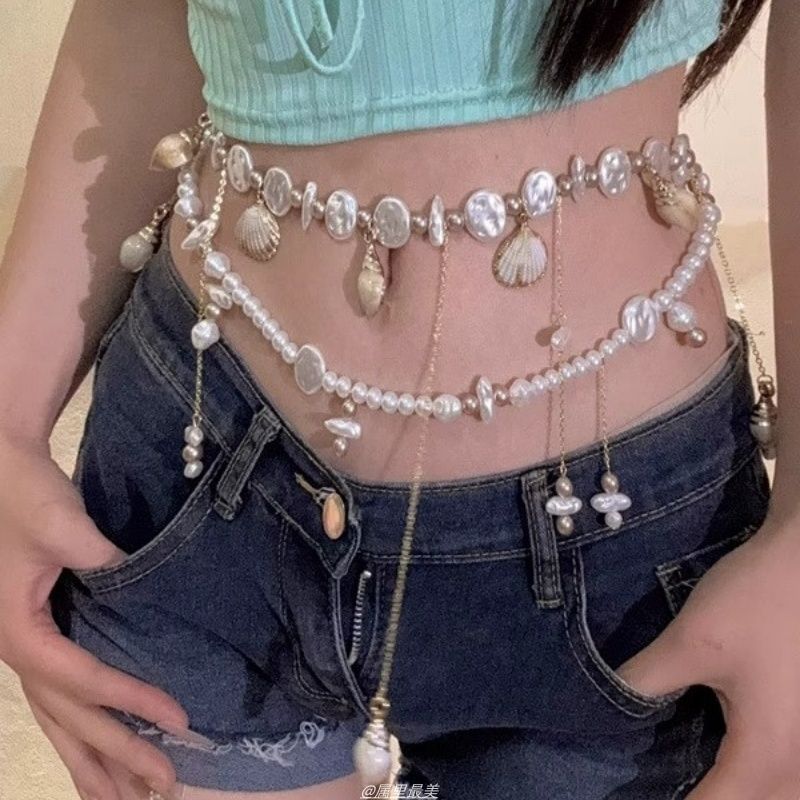 Pearl Shell Waist Faux Alloy Chain Disc