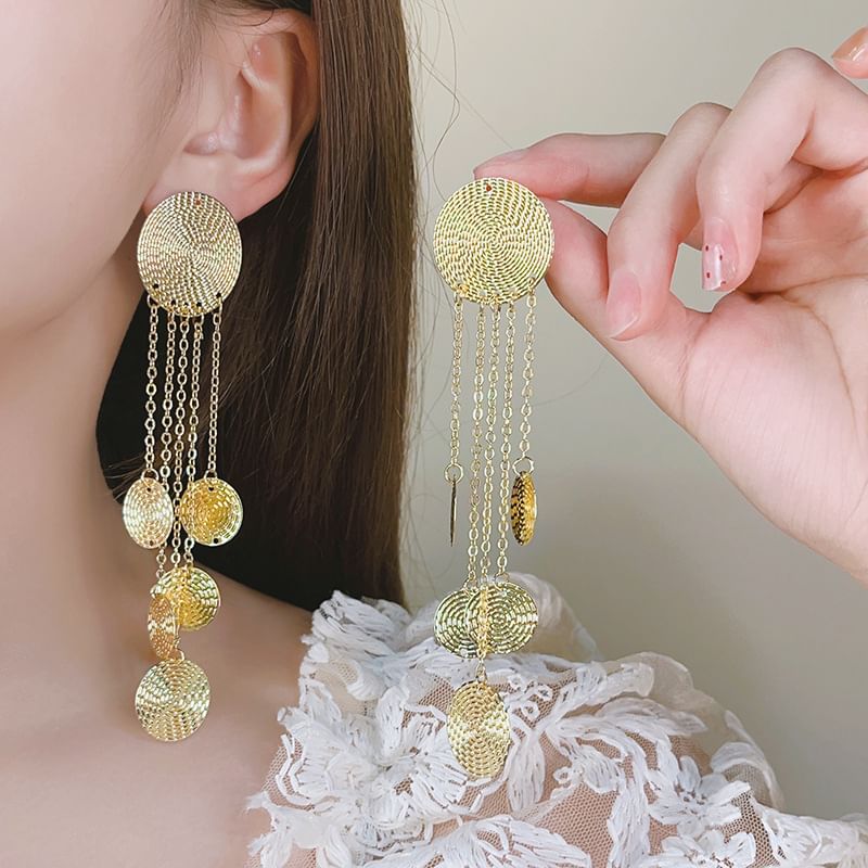 Alloy Chandelier Disc Earring Fringed Textured