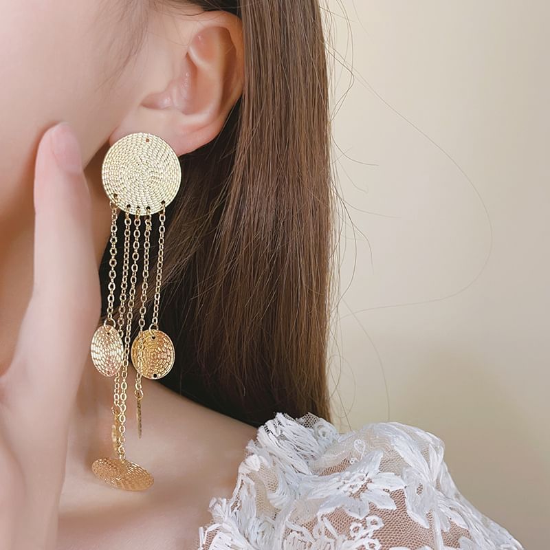 Alloy Chandelier Disc Earring Fringed Textured