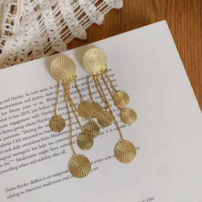 Alloy Chandelier Disc Earring Fringed Textured