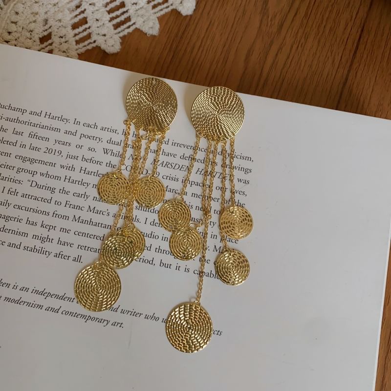 Alloy Chandelier Disc Earring Fringed Textured
