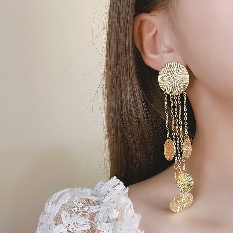 Alloy Chandelier Disc Earring Fringed Textured