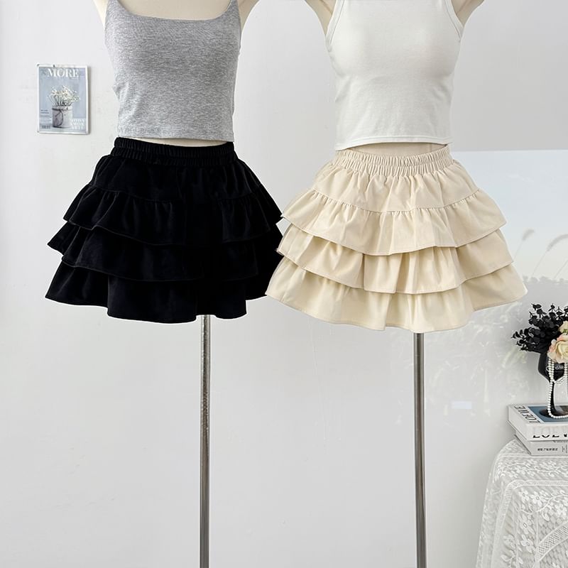 Solid Layered Mini Skirt with High Waist