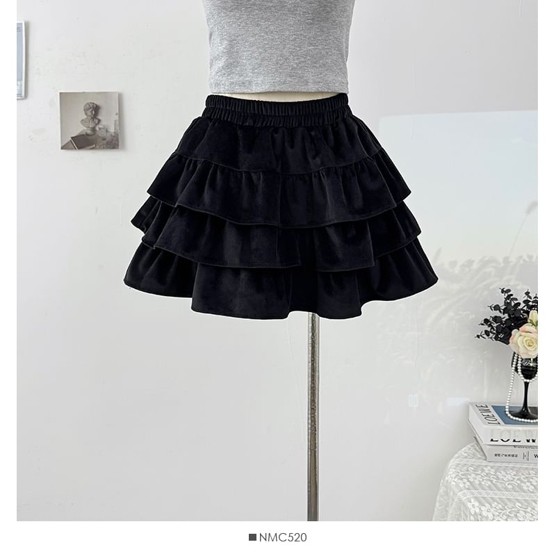 Solid Layered Mini Skirt with High Waist