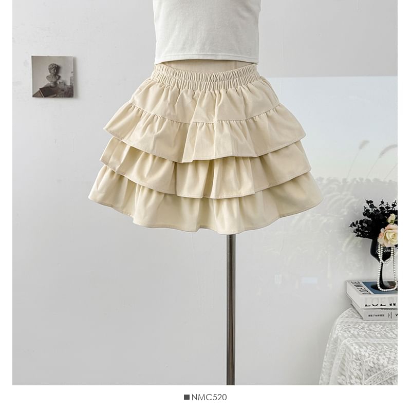 Solid Layered Mini Skirt with High Waist