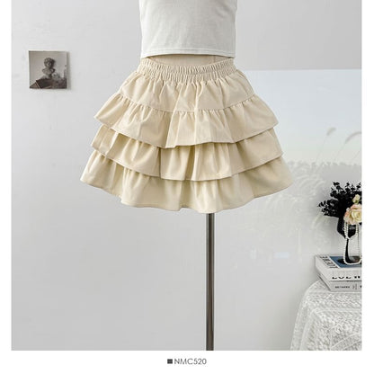 Solid Layered Mini Skirt with High Waist