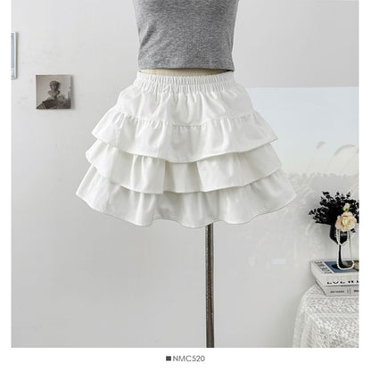 Solid Layered Mini Skirt with High Waist