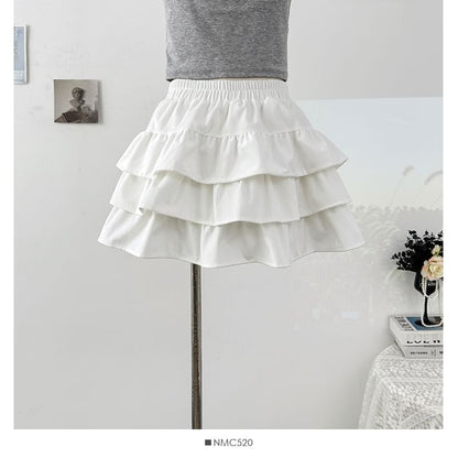 Solid Layered Mini Skirt with High Waist