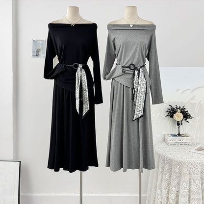 Long Sleeve Off-Shoulder Tee & High Rise Maxi Skirt Set