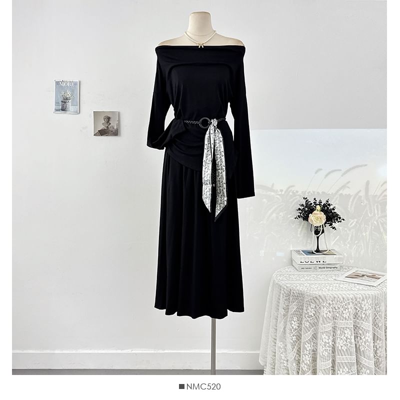 Long Sleeve Off-Shoulder Tee & High Rise Maxi Skirt Set