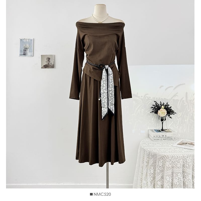 Long Sleeve Off-Shoulder Tee & High Rise Maxi Skirt Set